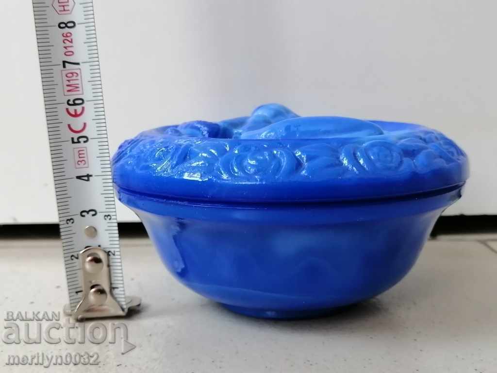 Old Art Deco blue glass pomade cream jar - 6 Old Art Deco blue glass pomade cream jar - 6