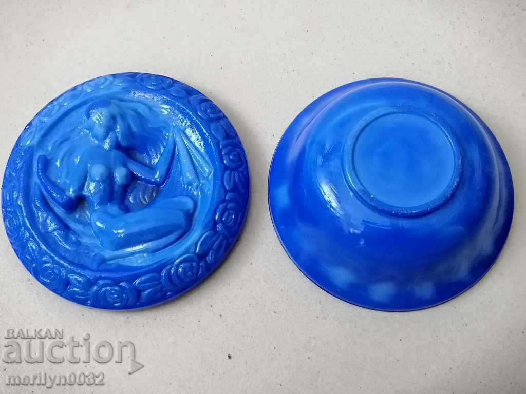 Old Art Deco blue glass pomade cream jar - 7 Old Art Deco blue glass pomade cream jar - 7