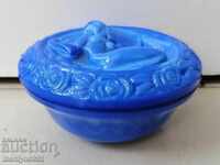 Стара стъкленица за кремове помади от синьо стъкло Арт деко