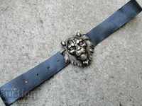 Leather belt with buckle, buckle lion