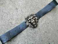 Leather belt with buckle, lion buckle