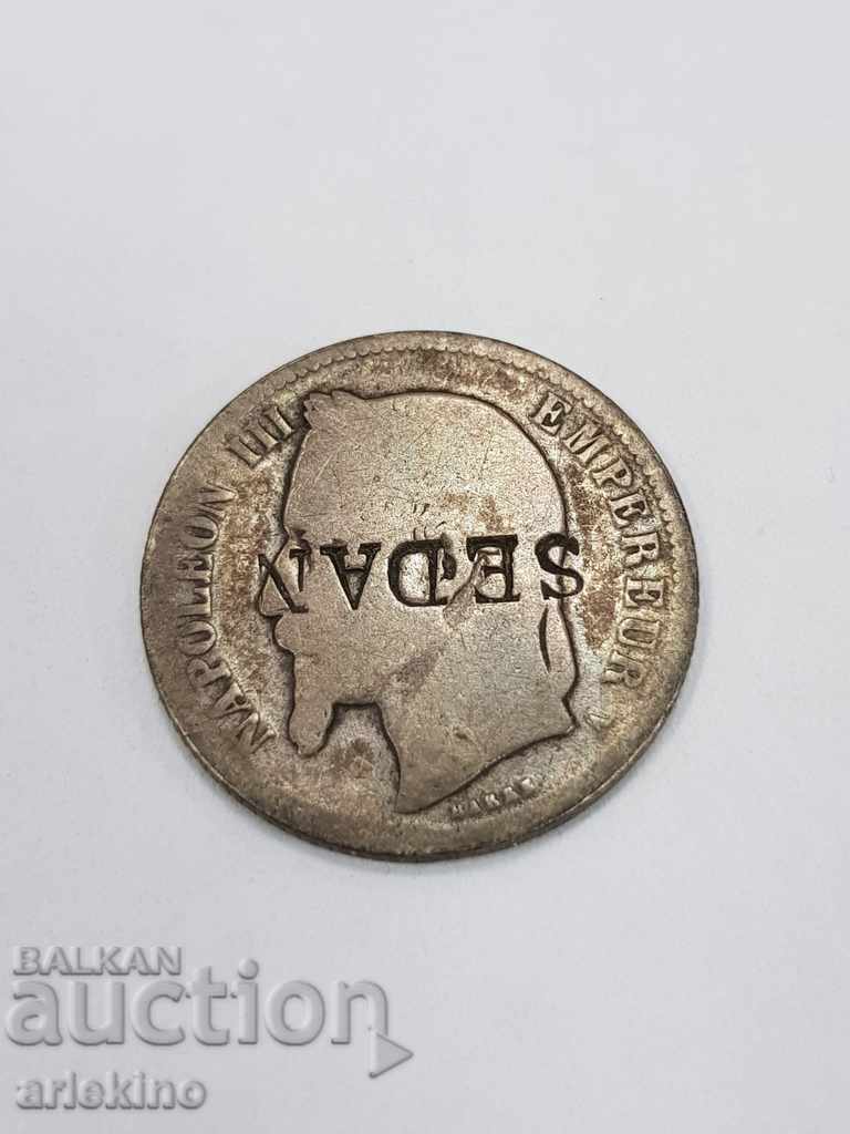 Стара сребърна френска монета с контрамарка SEDAN с цена 20.00 лв. | € 10.23 Стара сребърна френска монета с контрамарка SEDAN с цена 20.00 лв. | € 10.23