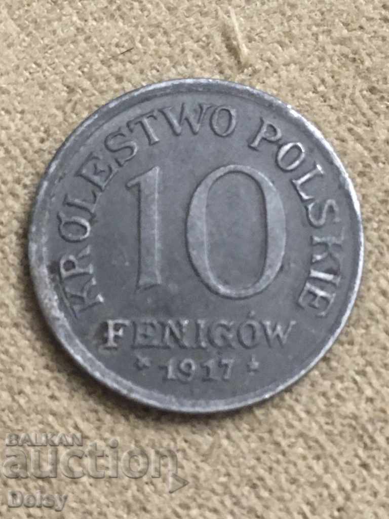 Polonia ocupația germană 10 pfennigs 1917 F Rare!