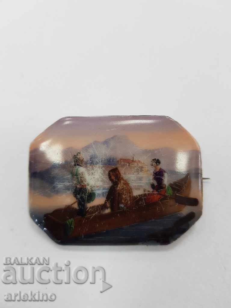 Old collectible European painted brooch of the end of the 19th century
