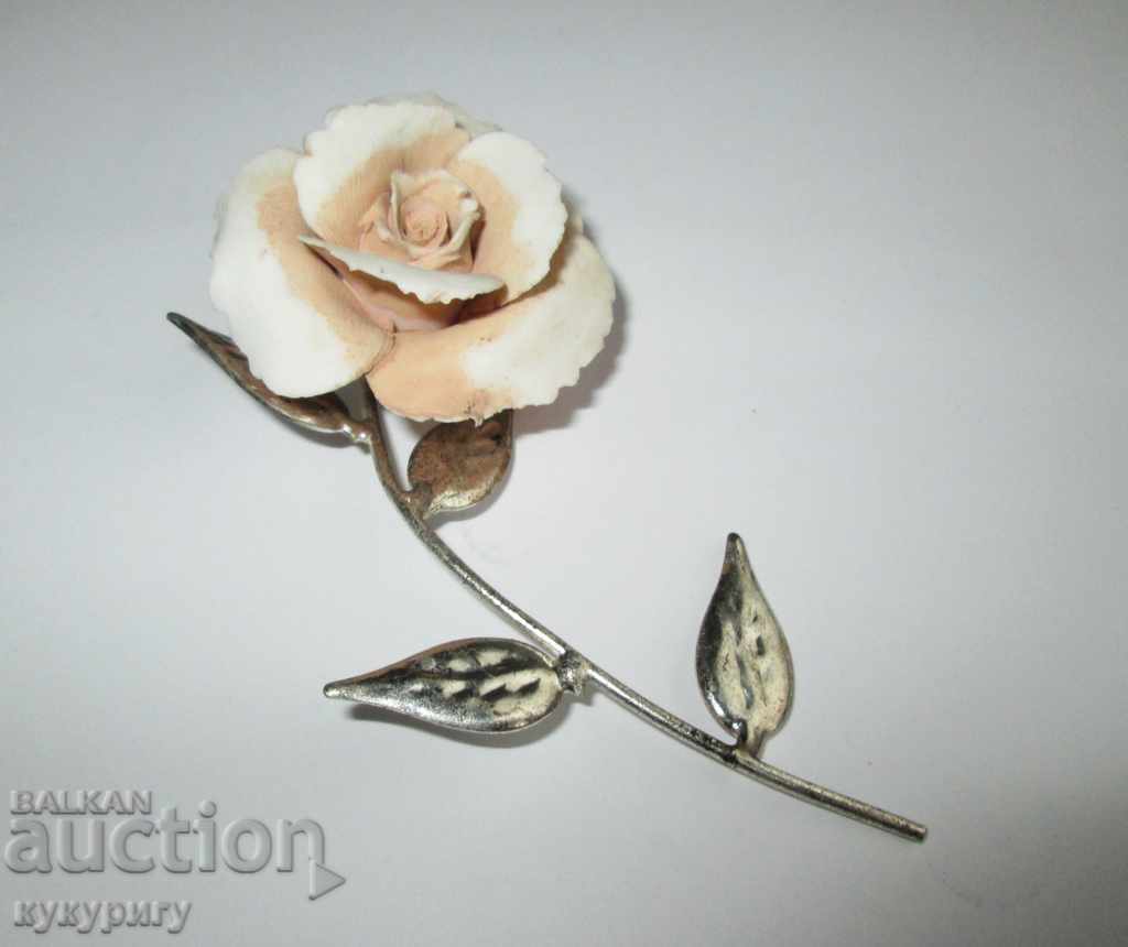 Decoration figurine flower rose porcelain with silver-plated leaves 925