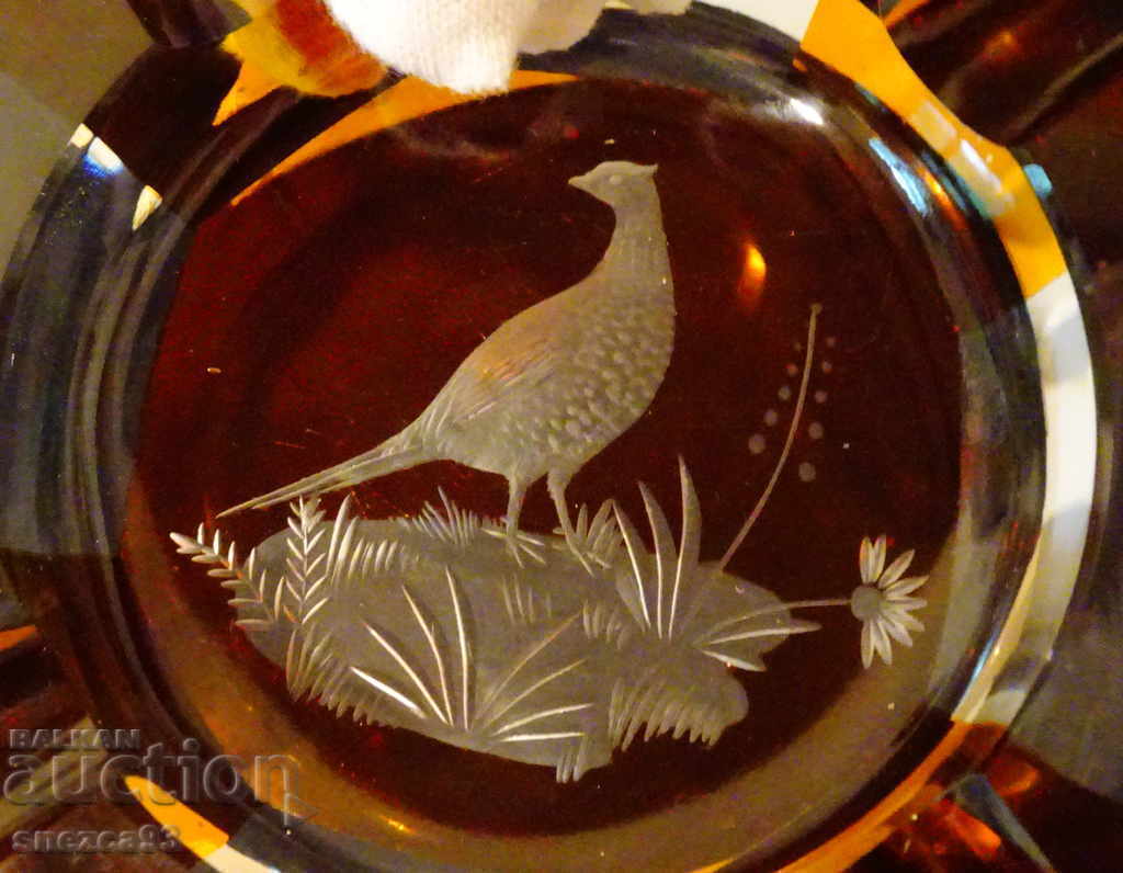 Ashtray colored crystal Bohemia, pheasant. - 7 Ashtray colored crystal Bohemia, pheasant. - 7