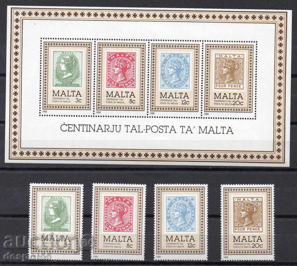 1985. Malta. Postează 100 de ani în Malta. Primele mărci poștale.