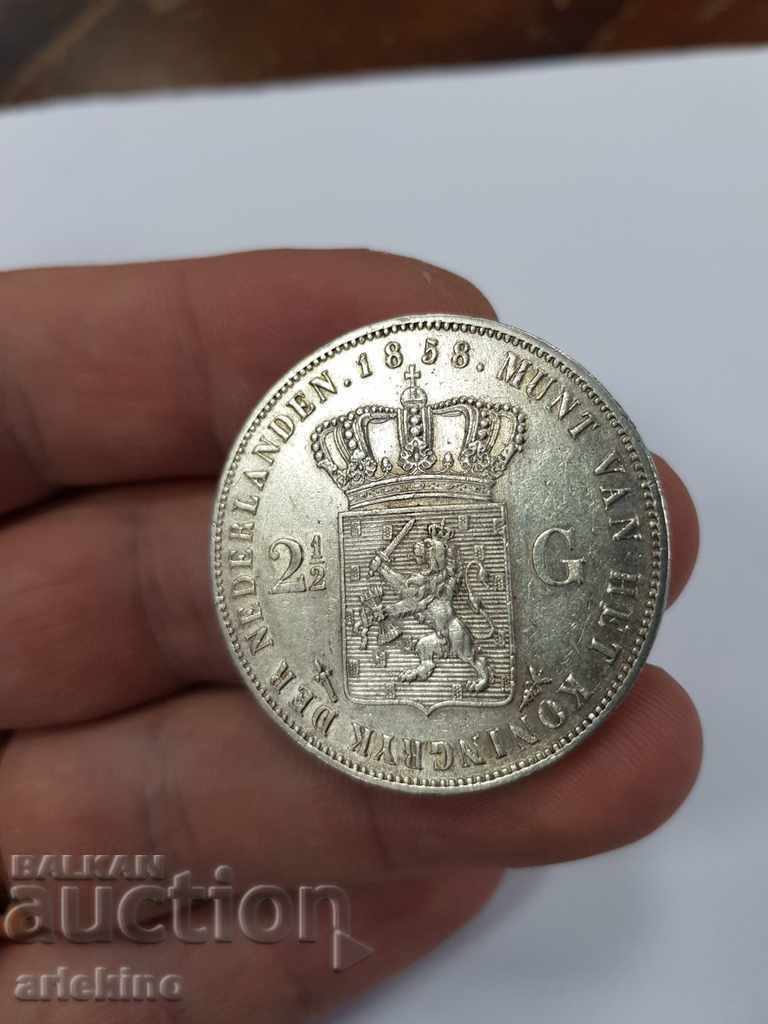 Monedă de argint olandeză rară 2 1/2 G 1858