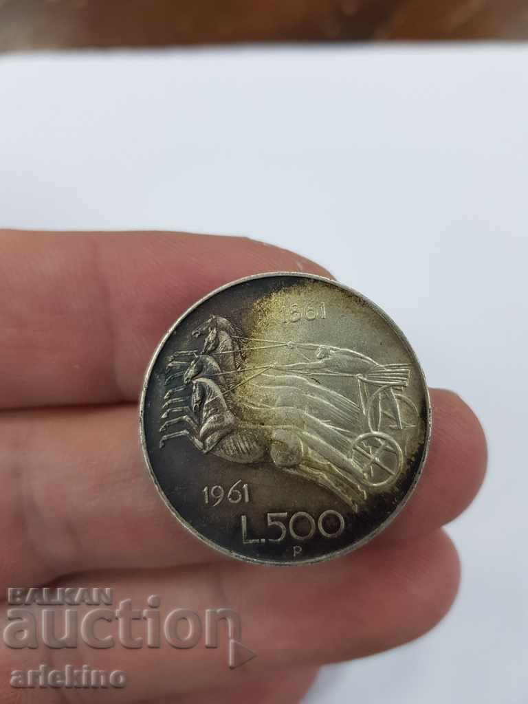 Monedă italiană de argint de calitate superioară 500 de lire sterline 1961