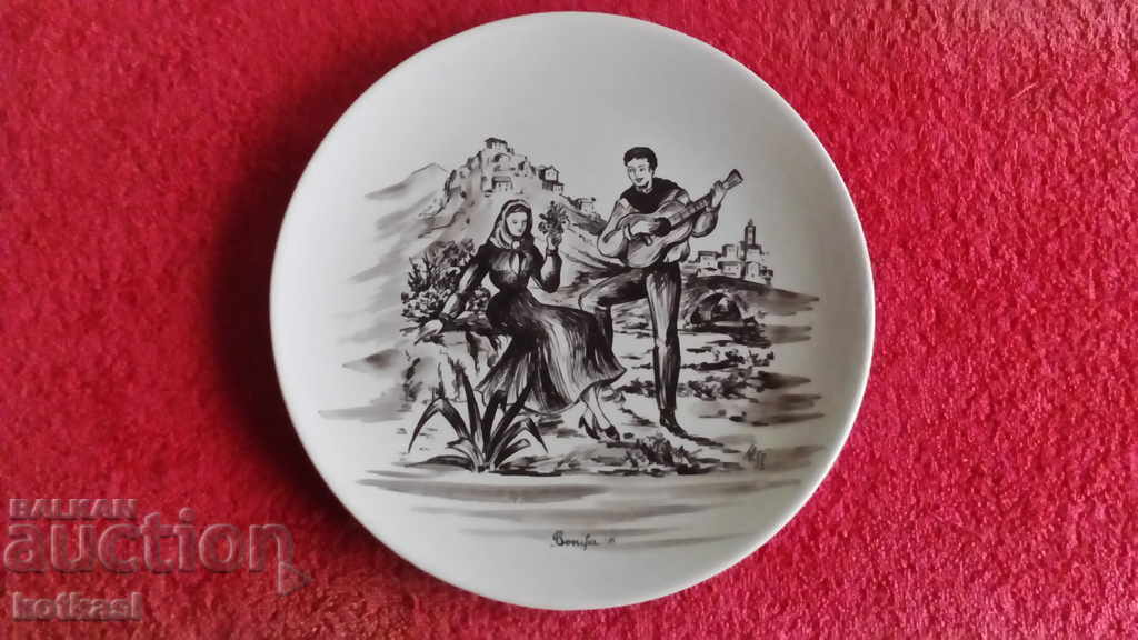 Old porcelain plate Musician Girl Song France