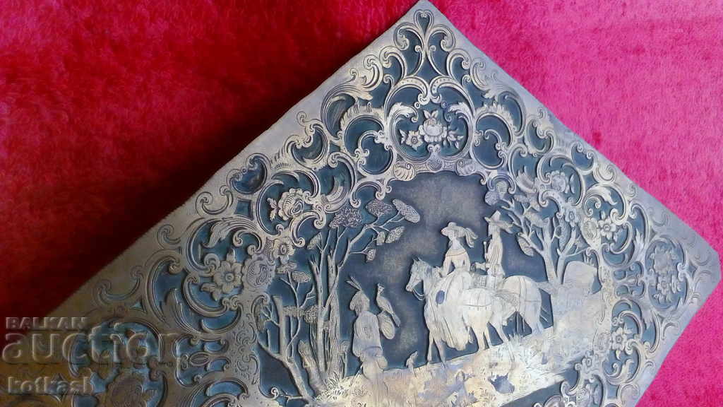 Delivery of Old copper bronze panel Horses Men Woman Hunting dog Delivery of Old copper bronze panel Horses Men Woman Hunting dog