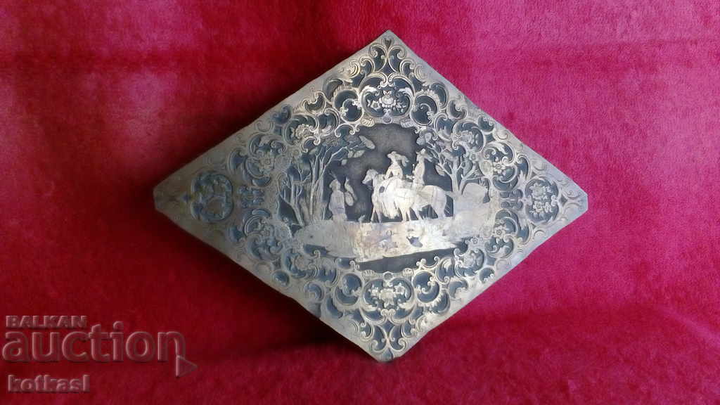 Old copper bronze panel Horses Men Woman Hunting dog Old copper bronze panel Horses Men Woman Hunting dog