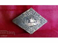 Старо медно бронзово пано Коне Мъже Жена Лов куче