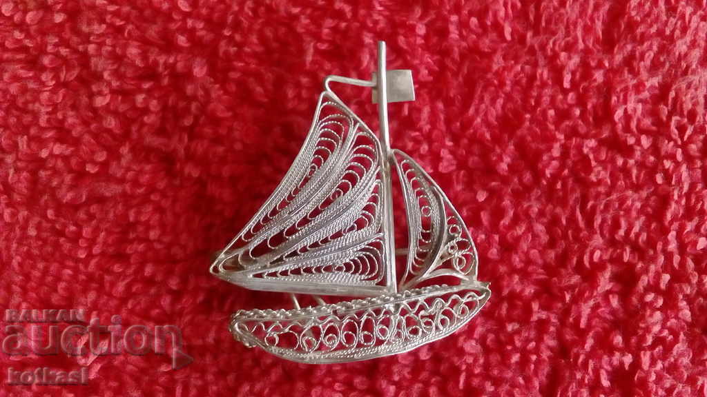 Old Silver Brooch Filigree Ship Sailboat Sea - 5 Old Silver Brooch Filigree Ship Sailboat Sea - 5