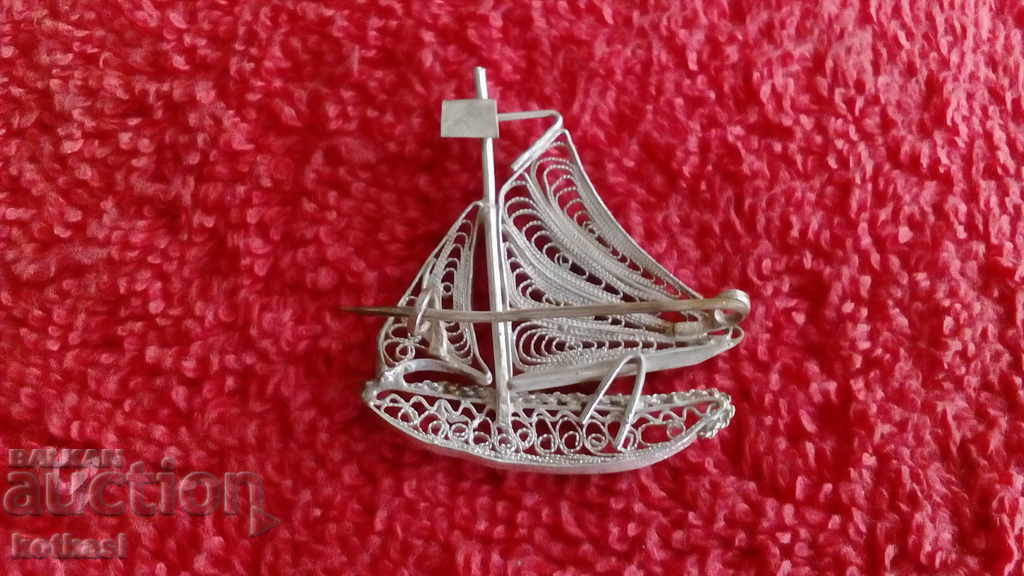 Old Silver Brooch Filigree Ship Sailboat Sea - 6 Old Silver Brooch Filigree Ship Sailboat Sea - 6