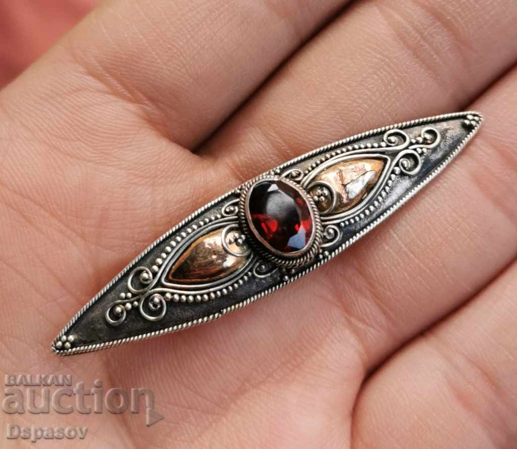 Silver Brooch with 9K Gold and Garnet