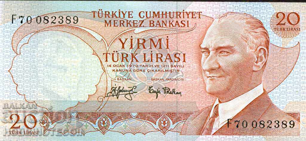 TURKEY TURKEY 20 Pounds issue 1970 1979 BLACK UNDER SERIES F UNC