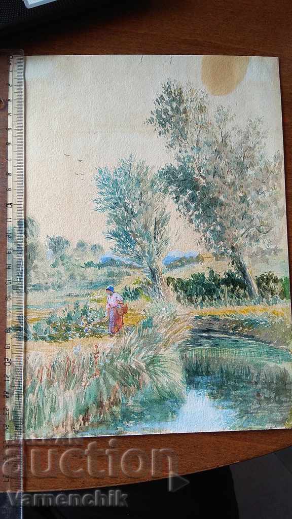 1950. WATERCOLOR 25 x 18.5 cm old Bulgarian author with price 450.00 BGN | € 230.08
