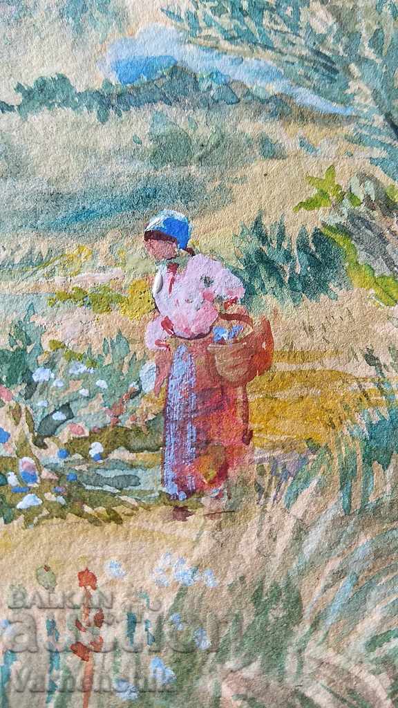 1950. WATERCOLOR 25 x 18.5 cm old Bulgarian author