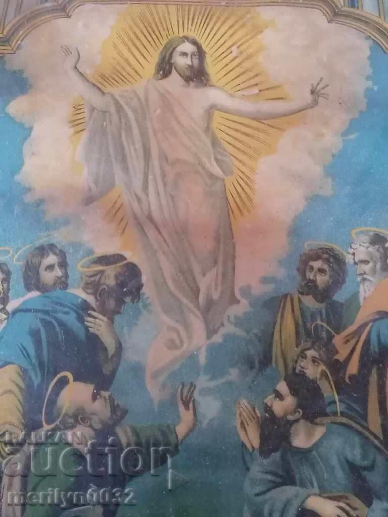 Delivery of Home icon, old lithograph, Ascension, cross Delivery of Home icon, old lithograph, Ascension, cross