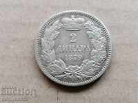 Монета 2 динара 1879 год Кралство Сърбия сребро