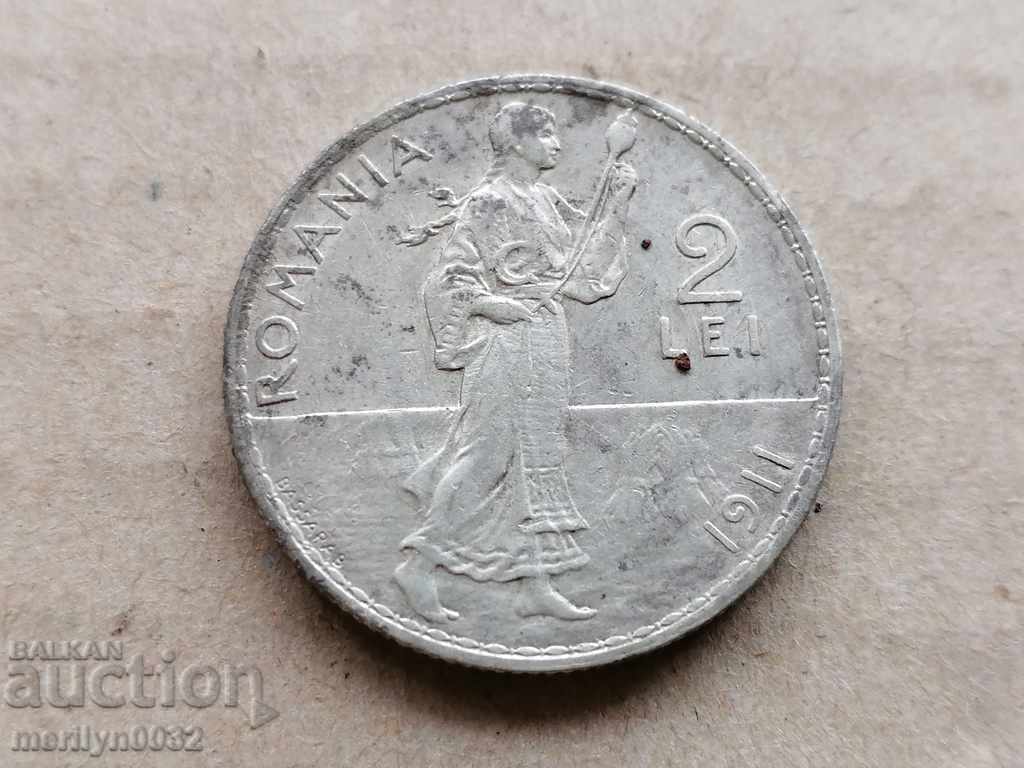 Монета 2 леи lei  1911год Кралство Ромъния Romania сребро