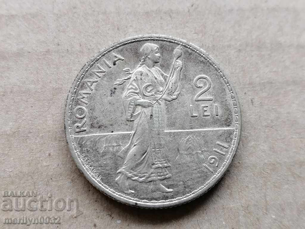 Νόμισμα 2 lei lei 1911 Βασίλειο της Ρουμανίας Ρουμανία ασημί