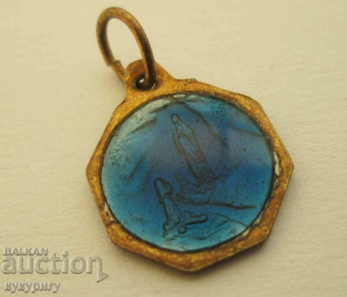 Auction  Old enamel medallion necklace pendant icon Virgin Mary