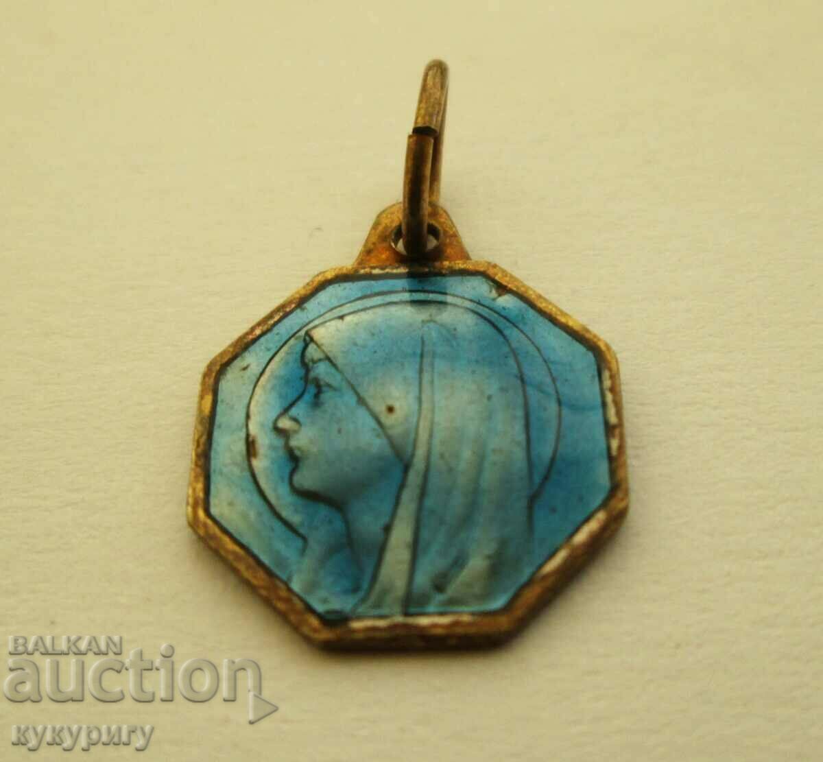 Old enamel medallion necklace pendant icon Virgin Mary