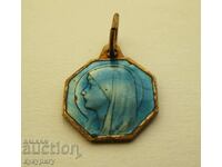 Old enamel medallion necklace pendant icon Virgin Mary