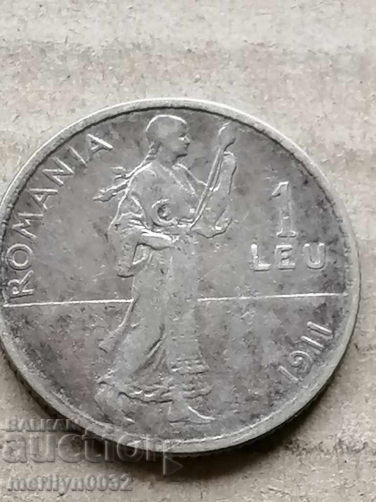 Ασημένιο ασημένιο νόμισμα 1 lei 1911 Ρουμανία