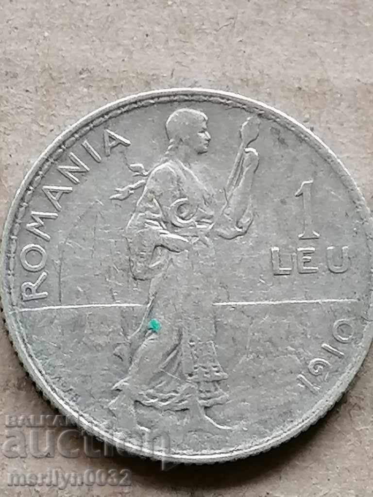Ασημένιο ασημένιο νόμισμα 1 lei 1911 Ρουμανία
