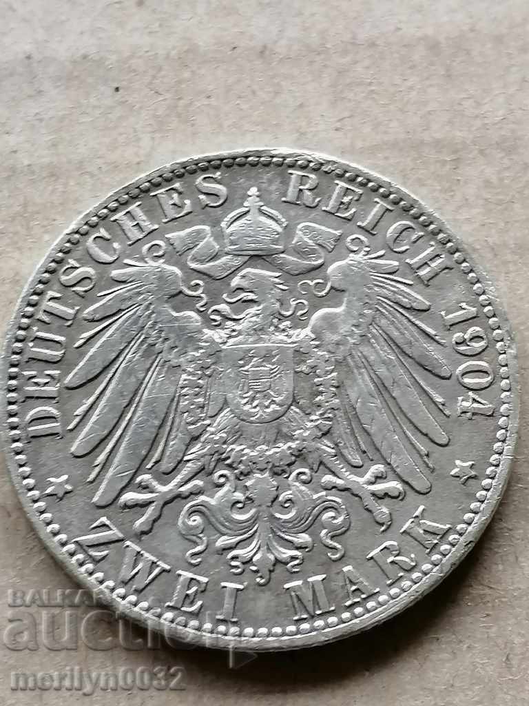 Monedă 2 timbre 1904 Germania Württemberg argint