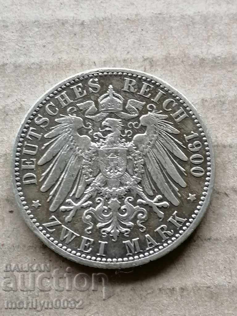 Monedă 2 timbre 1900 Germania Prusia argint