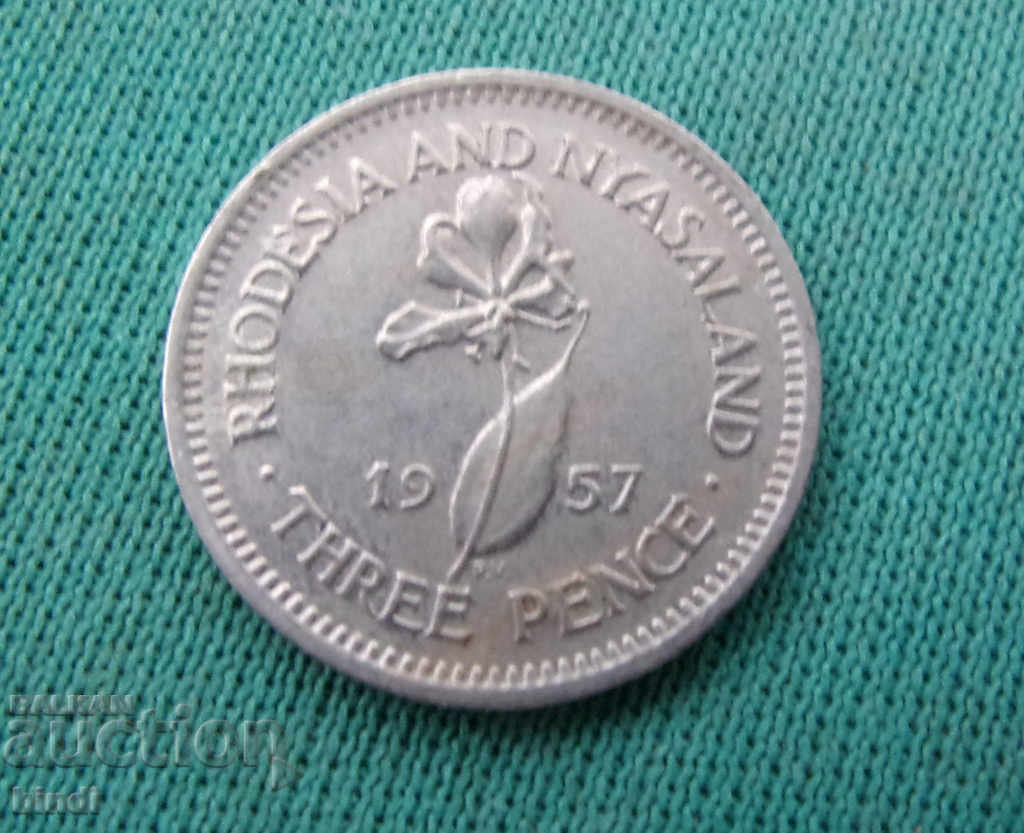 British Rhodesia and Nyasaland 3 Penny 1957 Rare