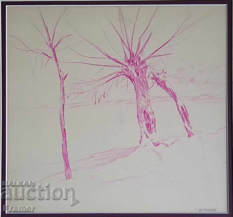 Έγχρωμο μολύβι Vasil Stoilov Willows by the river 1930 ORIGINAL με τιμή € 370.00 | 723.66 BGN