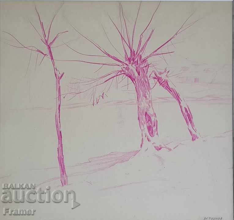 Δημοπρασία Έγχρωμο μολύβι Vasil Stoilov Willows by the river 1930 ORIGINAL