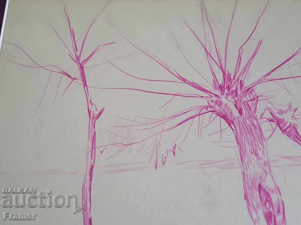 Παράδοση Έγχρωμο μολύβι Vasil Stoilov Willows by the river 1930 ORIGINAL