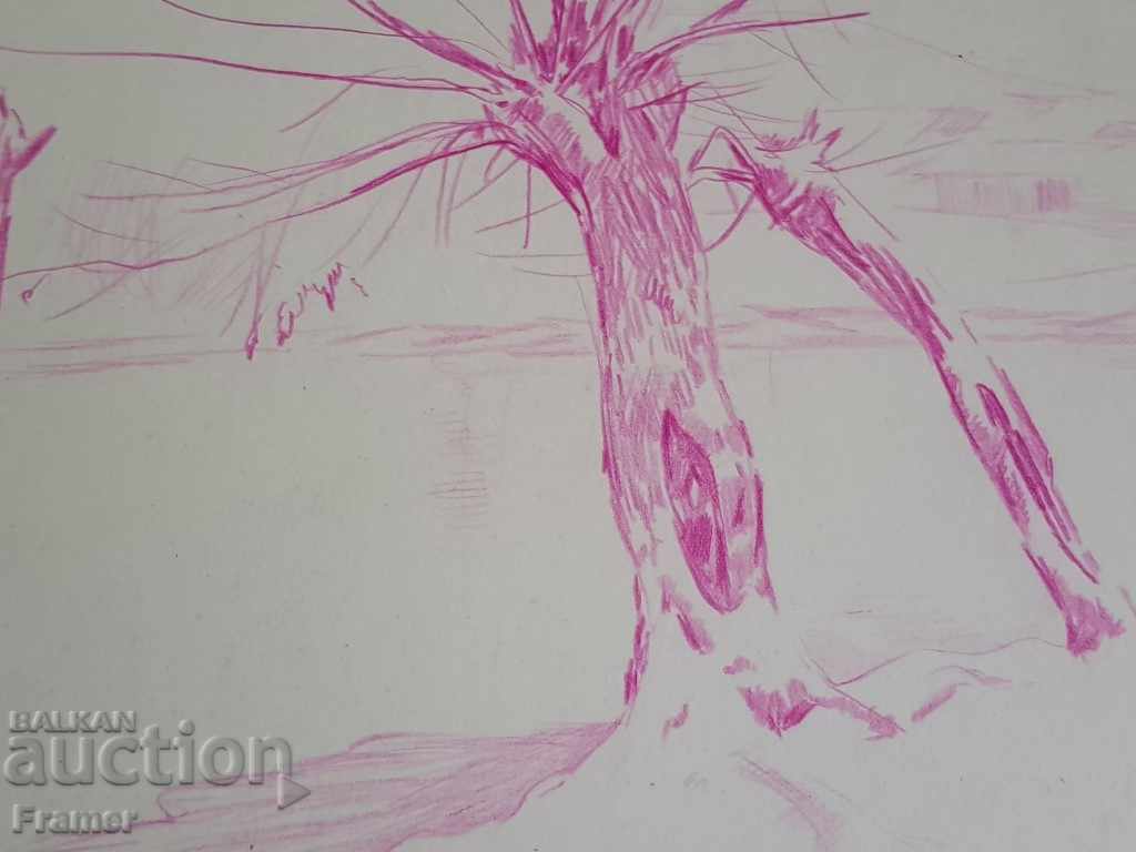 Έγχρωμο μολύβι Vasil Stoilov Willows by the river 1930 ORIGINAL - 5