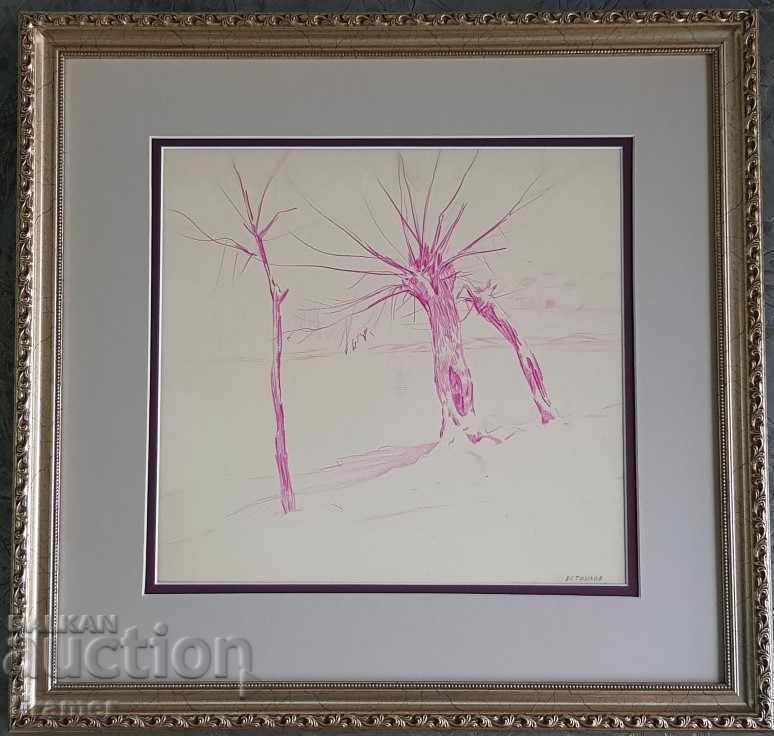Έγχρωμο μολύβι Vasil Stoilov Willows by the river 1930 ORIGINAL