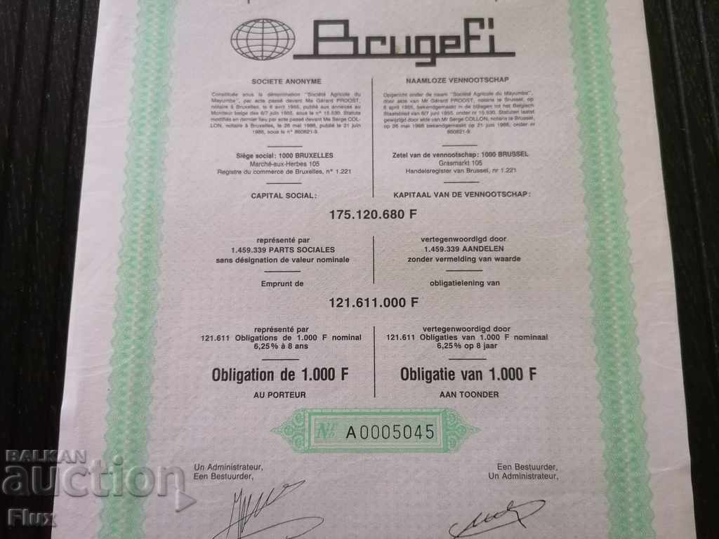 Auction  Bond from Belgium 1000 francs | BrugeFi | 1986