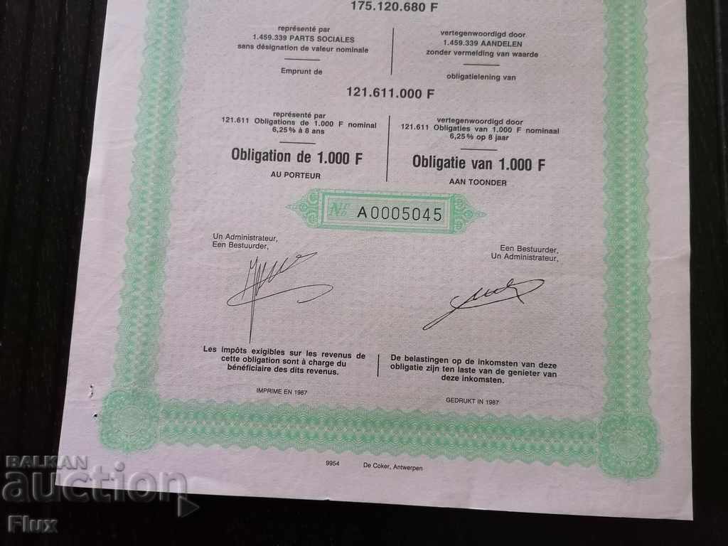 Delivery of Bond from Belgium 1000 francs | BrugeFi | 1986