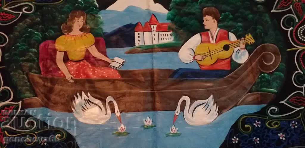 A large old hand painted rug A large old hand painted rug