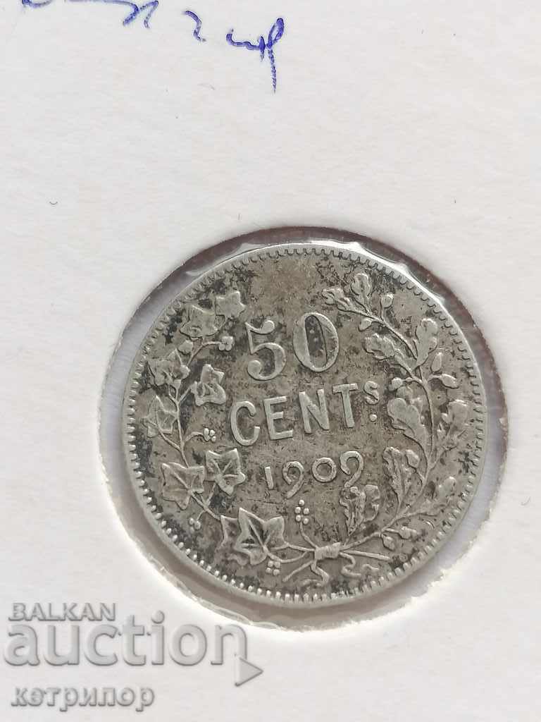 50 centimes Belgia 1909 argint