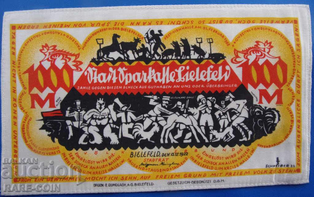 RS (22) Germania Silk Banknote 1000 Marks 1921 Foarte rar