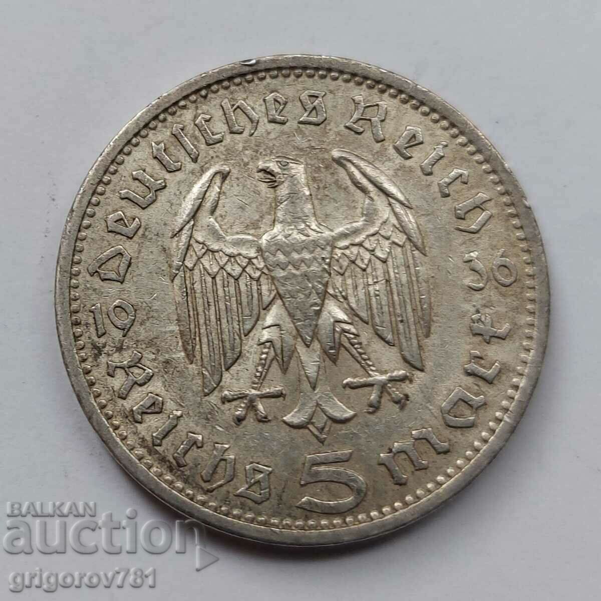 5 timbre argint Germania 1936 A III Reich monedă de argint №53