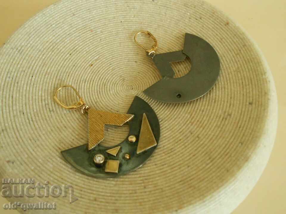 Доставка на Големи сребърни обици с позлатa и камъчета, Сребро 925