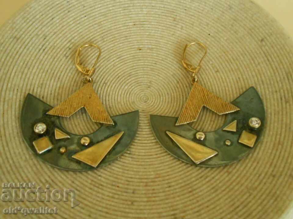 Големи сребърни обици с позлатa и камъчета, Сребро 925 - 5