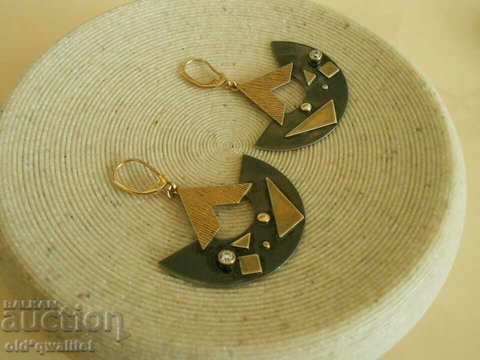 Големи сребърни обици с позлатa и камъчета, Сребро 925 - 7