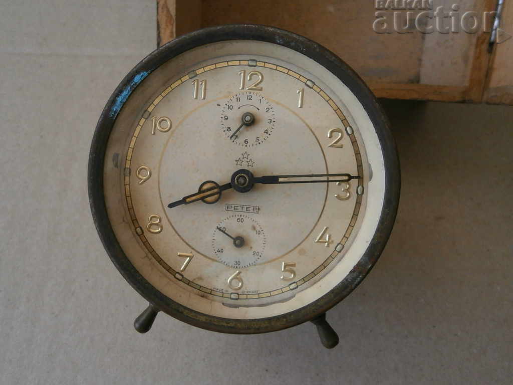 Auction  antique alarm clock in a wooden box PETER